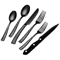 EUIRIO 48-Piece Black Hammered Silverware Set for 8, Stainless Steel Flatware Set with Steak Knives, Mirror Polished Tableware Cutlery Set, Include Forks Spoons and Knives Set, Dishwasher Safe