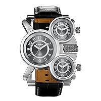 JewelryWe Men's Unique Oversized Watch Three Time Zone Analogue Quartz Watch Sports Watch with Leather Strap