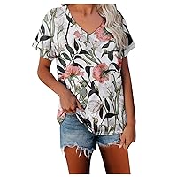 Floral Print Western Shirts for Women Short Sleeves V Neck Tunic Tops Loose Fit Fashion Blouse Clothing Fitted Work Tee