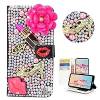 STENES Bling Wallet Phone Case Compatible with Samsung Galaxy Z Fold 5 5G - Stylish - 3D Handmade Lipstick Flowers Lips Girls High-Heel Leather Cover with Neck Strap Lanyard [3 Pack] - Rose Red