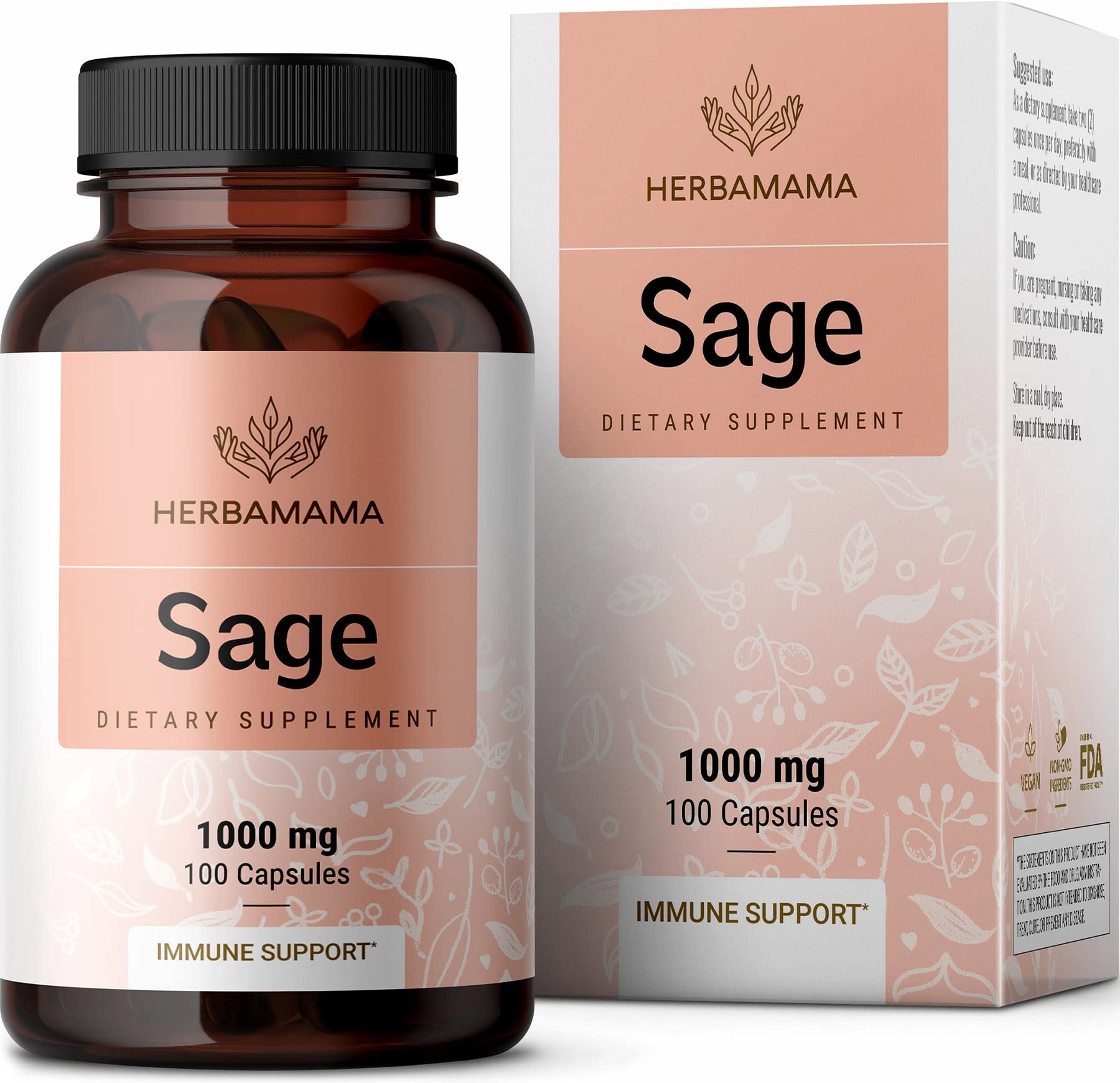 HERBAMAMA Sage Capsules - 1000mg, 100 Capsules - Organic Salvia Officinalis Supplement Promoting Brain Function, Immunity & Digestive Wellness - Vegan, Non-GMO Sage Leaf Extract