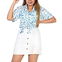 HAPPY BAY Hawaiian Shirts Womens Bohemian Blouse Cotton Linen Effect Short Sleeve Tropical Vacation Casual Summer Button Down Beach Party Shirts for Women S Palm Tree Island, Blue