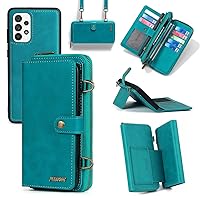 for Samsung Galaxy A32 5G Wallet Case,Multi-Function Wallet Case,Detachable 3 in 1 Magnetic Galaxy A32 5G Case Wallet,Flip Strap Zipper Card Holder Phone Case with Shoulder Straps-Blue