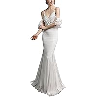 Azuki Women's Sequin Dress Tulle Party Dress V Neck Spaghetti Straps Glitter Maxi Bridesmaid Dress Bridal Wedding Dress