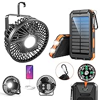 Odoland Camping Rechargeable Fan and Power Bank Set, 10000mAh Portable Camp Tent Fan and 20000mAh Solar Power Bank Charger with 2 USB Ports/LED Flashlights for Outdoor Camping, Hurricane Emergency
