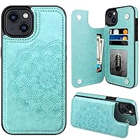 MMHUO for iPhone 15 Plus Case with Card Holder, Flower Magnetic Back Flip Case for iPhone 15 Plus Wallet Case for Women, Protective Case Phone Case for iPhone 15 Plus,Mint