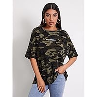 Women's Tops Women's Shirts Sexy Tops for Women Slogan Graphic Camo Tee (Color : Multicolor, Size : Large)