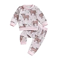 Gueuusu Toddler Baby Girl Boy Western Clothes Infant Highland Cow Print Pullover Sweatshirt Elastic Waist Joggers 2PCS Outfit