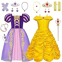 Girls Purple Princess Costume and Yellow Princess Dress Up Clothes for Halloween Cosplay 2 Sets, 5/120