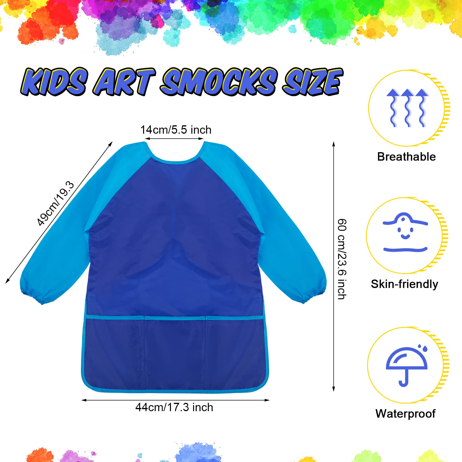 36 Pcs Kids Art Smocks Waterproof Toddler Painting Smocks Children Artist Apron Long Sleeve with 3 Pockets for Girl Boy Painting Supplies, Age 2-8 Years