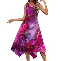 Floral Dresses for Women 2024 Casual Round Neck Sleeveless Print Irregular Hem Midi Dress