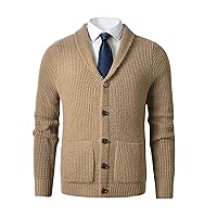 WOLONG Men's Shawl Collar Cardigan Sweater Slim Fit Cable Knit Button Up Merino Wool Sweater