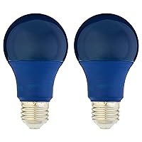 Amazon Basics A19 Blue Color Party LED Light Bulb, 60 Watt Equivalent, Energy Efficient 9W, E26 Standard Base, Non-Dimmable, 10,000 Hour Lifetime , 2-Pack