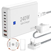 240W Fast Charging Blocks, 8-Port Charging Station for iPhone/Ipad/MacBook, 6C2A PD GaN Charger Box, USB Tower Hub 5ft Braided Power Cord with On/Off Switch, Flat Plug, Travel Essentials