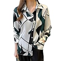 Women's Plus Size Long Sleeve Colorblock Button Up Chiffon Sexy Geometric Pattern V Neck Blouse Shirt Tops