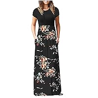Women Trendy O-Neck Casual Loose Floral Print Short Sleeve Dress Long Skirt
