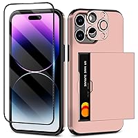 SAMONPOW for iPhone 14 Pro Case with Screen Protector & Camera Cover 4-in-1 Hybrid iPhone 14 Pro Protective Case Wallet Card Holder Shockproof Bumper Case for iPhone 14 Pro Case, Rose Gold