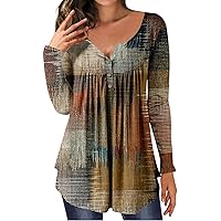 Womens Long Sleeve Tops,Womens Swing Geometric Print Henley V Neck Shirt Casual Blouses Pleated Button Tops