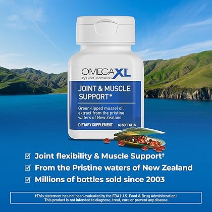 OmegaXL Joint Relief Supplement - Natural Muscle Support, Green Lipped Mussel Oil, Soft Gel Pills, Drug-Free, 60 Count