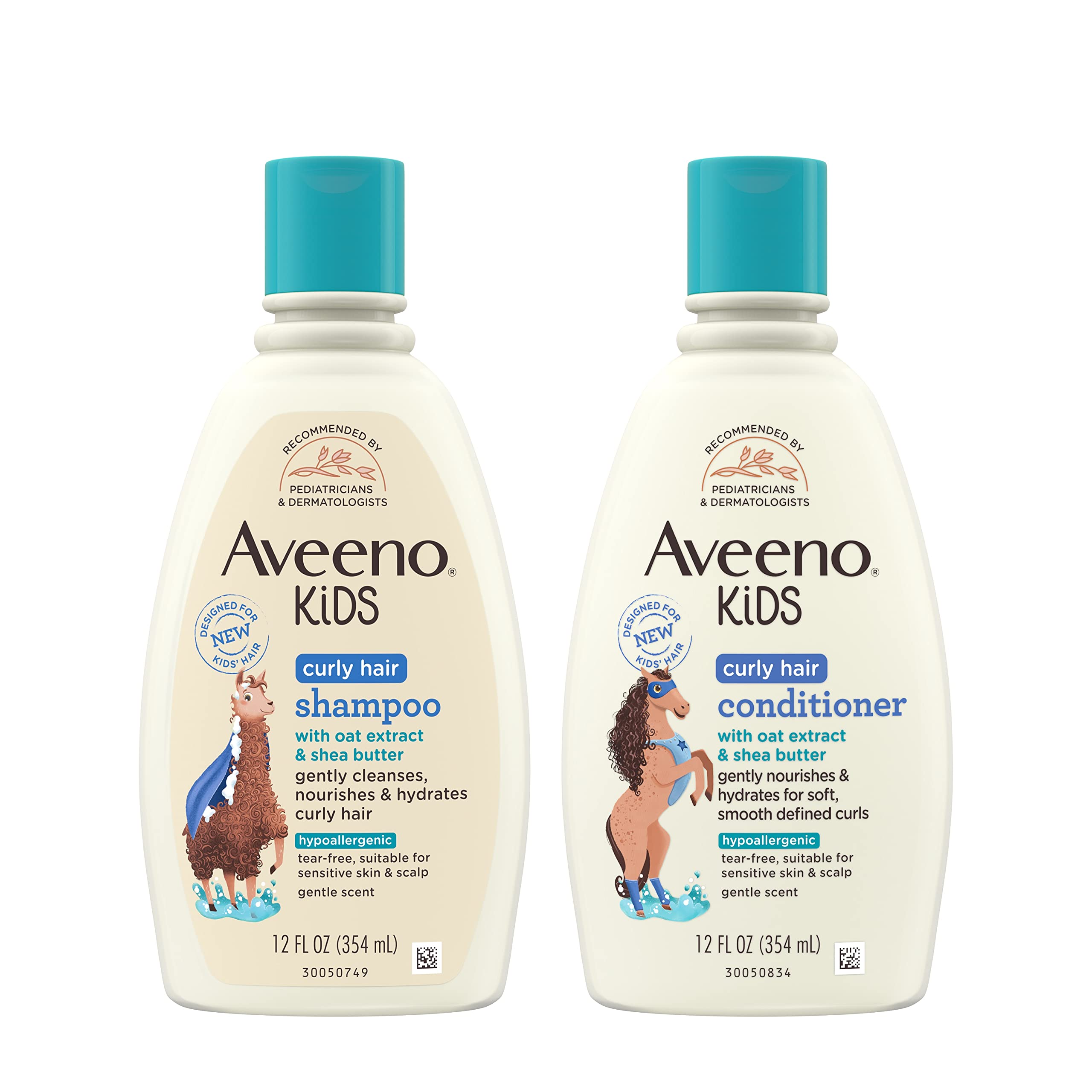 Aveeno Kids Curly Hair Shampoo With Oat Extract & Shea Butter, 12 fl. Oz with Aveeno Kids Curly Hair Conditioner, Gently Nourishes & Hydrates for Defined Curls, Hypoallergenic, 12 fl. Oz