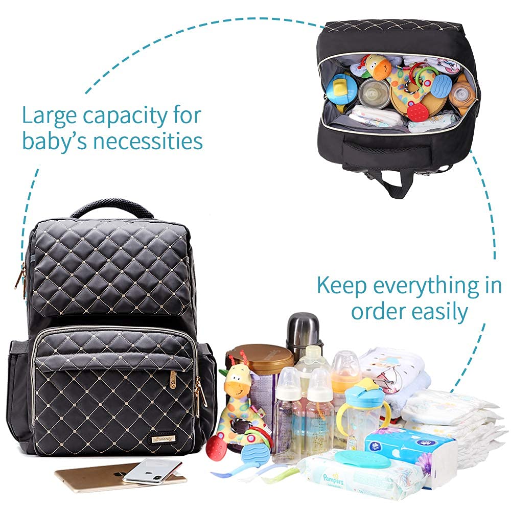 Bamomby Diaper Bag, Diaper Bag Backpack for Baby Boys Girls, Multifunction Large Rucksack Diaper Bags with Changing Pads, Waterproof Travel Back Pack Knapsack for Dad & Mom -Stylish Black