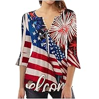 American Flag Tunic Tops Women Pleated Front Button V Neck Henley Shirt 3/4 Bell Sleeve 4th of July Patriotic Blouse