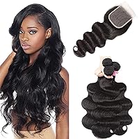 UNice Hair Malaysian Body Wave Hair 3 Bundles with Free Part 4x4 Lace Closure, 100% Unprocessed Virgin Human Hair Weave Extensions Natural Color（16 18 20+14Closure）