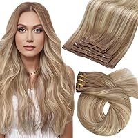 Moresoo Clip in Hair Extensions Ombre Blonde Hair Extensions Clip in Real Human Hair Balayage Light Brown Mixed with Golden Blonde Double Weft Clip in Human Hair Extensions 10Inch 5Pieces 70Grams