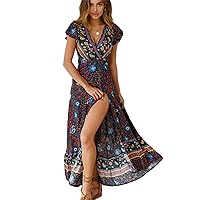 Women's Bohemian Floral Printed Wrap V Neck Short Sleeve Split Beach Party Maxi Dress Oversized Size