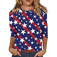 4th of July Shirts Women Star Stripes American Flag T Shirt for Women 3/4 Sleeve Crewneck Summer Casual Tops