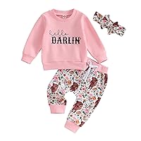 Baby Girl Clothes Ruffles Long Sleeve Crewneck Sweatshirts Heart Pants Headband Toddler Valentines Day Outfits