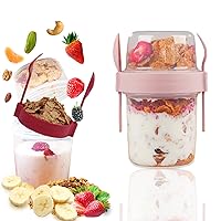 2 Pack 22 oz Breakfast On the Go Cups, Take and Go Yogurt Cup with Topping Cereal Cup with spoon and fork, Overnight Oats or Oatmeal Container Jar, Colorful Set of 2 (Red and Pink)