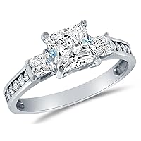 Solid 925 Sterling Silver CZ Cubic Zirconia 3 Three Stone Engagement Ring - Princess Cut Solitaire with Round Side Stones (1.75cttw., 1.5ct. Center) - Available in all ring sizes 4 - 9.5 & Comes With Elegant Velvet Ring Box