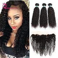 Qeen Plus Hair 3 Bundles of Curly Hair with Closure Brazilian Virgin Hair Kinkys Curly Hair Weave Natural Black Tangle Free (20 22 24 + 18, Free Part Frontal)