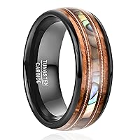 NUNCAD Tungsten Rings for Men Whiskey Barrel Wood and Abalone Shell Inlay Black Engagement Wedding Band Guitar String Ring Comfort Fit Size 7-12
