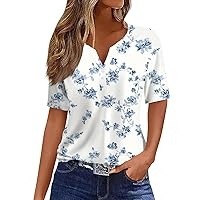 Spring Tops for Women 2024 T Shirt Tee Print Button Short Sleeve Daily Weekend Fashion V- Neck Regular Top
