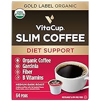 VitaCup Slim Organic Coffee Pods, Diet Support with Ginseng, Garcinia, B Vitamins, Bold Medium Dark Roast, Single Serve Pod, Compatible with Keurig K-Cup Brewers,64 Ct