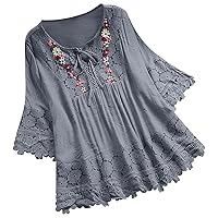 Plus Size Tops for Women Vintage Lace Patchwork Bow V-Neck Blouses Embroidery Summer 3/4 Sleeve Retro Flowy T-Shirt
