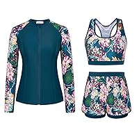 JASAMBAC Women's 3 Piece Rash Guard Long Sleeve Swimsuits with Boyshorts Zip Up UPF 50+ Swim Shirt Built in Bra