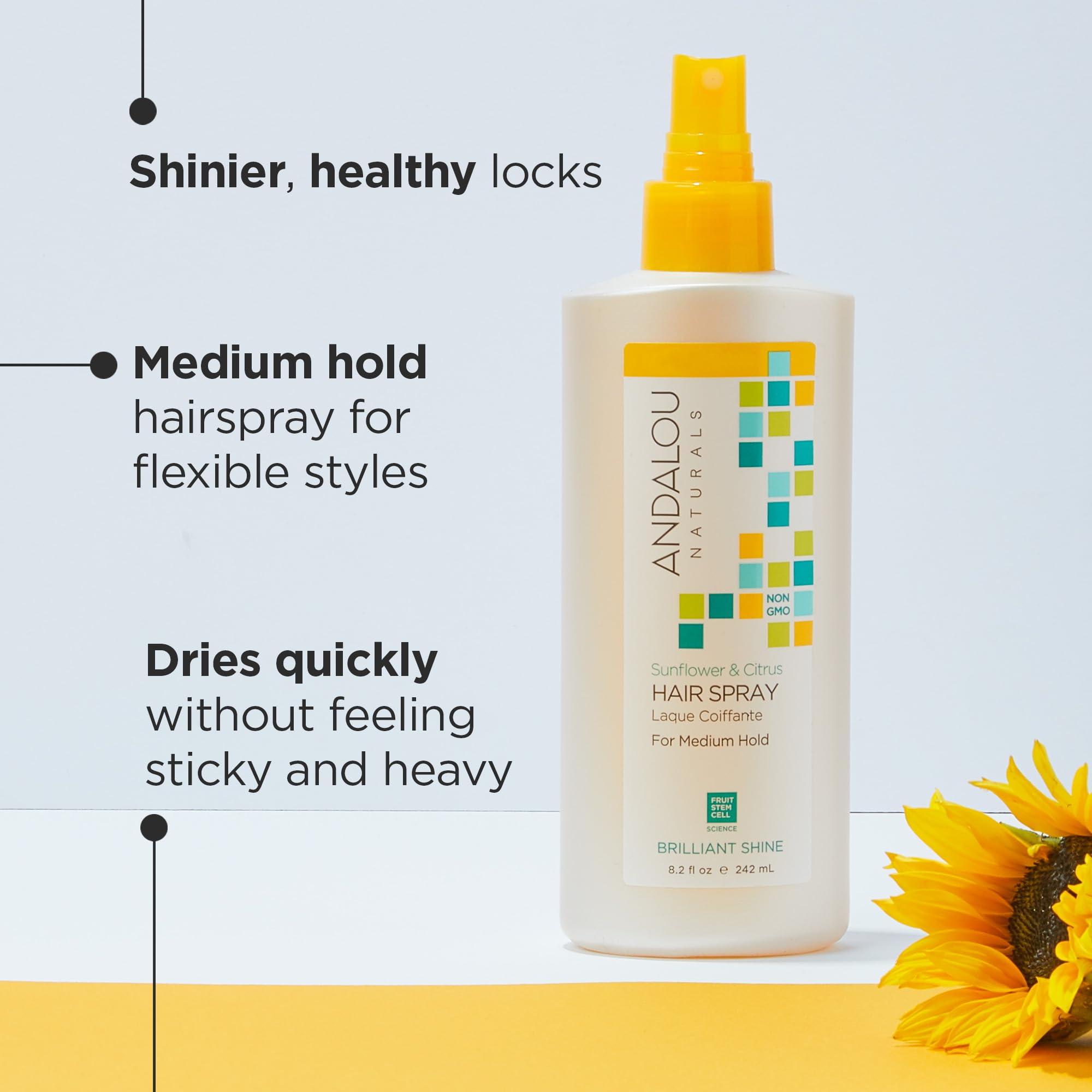 Andalou Naturals Brilliant Shine Hair Spray, Sunflower & Citrus, Styling and Hair Shine Spray with Medium hold, Tames Frizzy Hair & Flyaways, Quick Drying & Non-Sticky, Cruelty Free, 8.2 Fl Oz