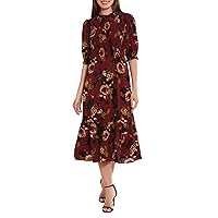 London Times Mock Neck Elbow Sleeve Smocked Bodice Zipper Closure Printed Bubble Crepe Dress Wine Pink / 0