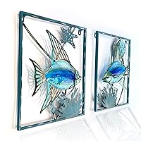 LIFFY Metal Fish Wall Decor with Frame-Outdoor Wall Art, Wall Decor with LED Fairy Lights, Fish Glass Art Wall Sculpture for Patio,Beach,Garden,Yard,Pool,home gift(2pcs, Blue)