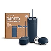 Fellow 16 oz Carter Bundle (3 in 1) Travel Mug with Slide-Lock, Move & Cold Lids with Straw - To-Go Coffee Tumbler, Ceramic Interior & Vacuum-Insulated Stainless Steel - Coffee Cups-Stone Blue