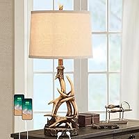 Rustic Table Lamp 27.25'' Tall Deer Antler Lamps for Living Room End Table with USB Port Western Country Lamps for Bedroom Cabin Bedside Lamps for Nightstand, Single, Bulb Not Included