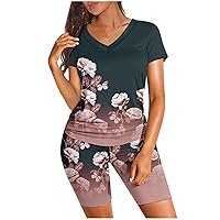 perfcreat Women's Print Short Sleeve V Neck Two Piece Outfits Shorts Set Summer Business Casual Outfits