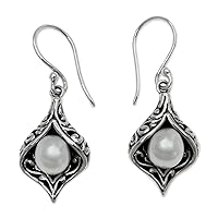 NOVICA Handmade .925 Sterling Silver Cultured Freshwater Pearl Dangle Earrings White Indonesia Floral Bridal Birthstone [1.3 in L x 0.5 in W x 0.3 in D] 'Lily of Bali'
