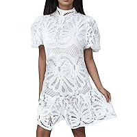 White Dress Women Summer,Woman New Sexy Hollow Out Lace Dress Clothes Short Sleeve Puff Sleeve Zipper Dress Ruf