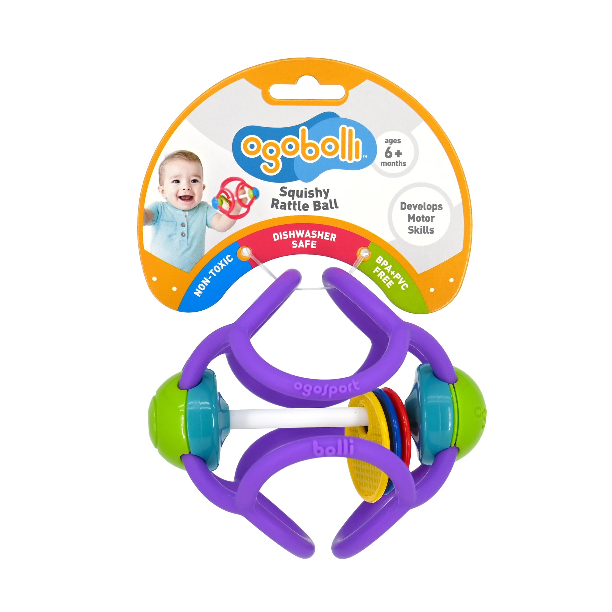 OgoBolli Teether Ring Tactile Sensory Ball and Baby Rattle Toy for Babies & Toddlers - Stretchy, Squishy, Soft, Non-Toxic Silicone - Boys and Girls Age 6+ Months - Purple