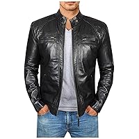 Men Leather Jacket Vintage Stand Collar Slim Fit Biker Motorcycle Jackets Lightweight Aviator Bomber Coat Outwear