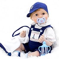 Aori Reborn Baby Dolls 22 Inch Realistic Newborn Baby Boys Lifelike Weighted Reborn Dolls Cool Princekin with Blue Suspender Suit and Wooden Toys Great Birthday Set for Boys Age 3+